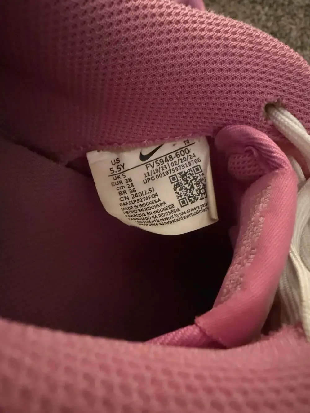 Nike Air Force Size 5.5Y Pink White Sneakers